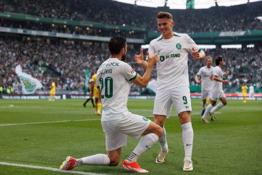 Paulinho, Portekiz 'in Lizbon şehrinde Estadio Jose Alvalade' de Liga CP ve Portimonense SC arasında oynanan Liga maçında Viktor Gyokeres ile attığı golü kutlar. (Maciej Rogowski)