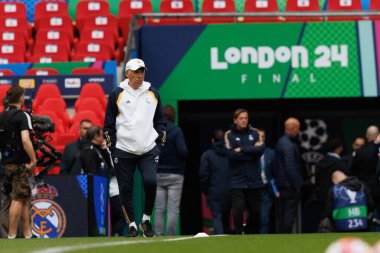 Carlo Ancelotti UEFA Şampiyonlar Ligi 2024 final maçından önce Londra 'daki Wembley Stadyumu' nda Borussia Dortmund ve Real Madrid arasında yapılan resmi antrenman sırasında (Maciej Rogowski)