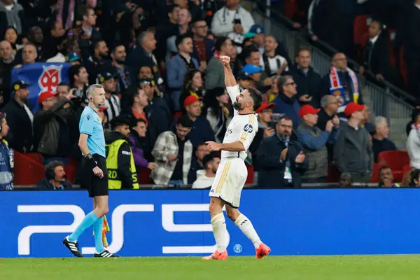 Stock image Dani Carvajal celebrates after scoring goal  during  during Champions League 2024 final game between Borussia Dortmund and Real Madrid at Wembley Stadium, London, United Kingdom (Maciej Rogowski)