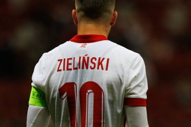 Polonya ve Ukrayna milli takımları arasında PGE Narodowy, Varşova, Polonya 'da oynanan dostça maç sırasında Piotr Zielinski 