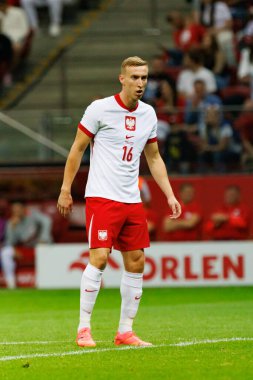 Polonya ve Ukrayna milli takımları arasında PGE Narodowy, Varşova, Polonya 'da oynanan dostça maç sırasında Adam Buksa 