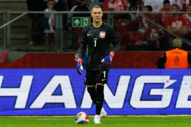 Polonya ve Ukrayna milli takımları arasında PGE Narodowy, Varşova, Polonya 'da oynanan dostça maç sırasında Lukasz Skorupski 