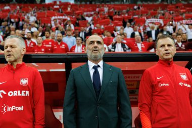 Polonya ve Ukrayna milli takımları arasında oynanan PGE Narodowy, Varşova, Polonya 'da oynanan dostça maç sırasında Michal Probierz 