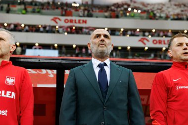 Polonya ve Ukrayna milli takımları arasında oynanan PGE Narodowy, Varşova, Polonya 'da oynanan dostça maç sırasında Michal Probierz 