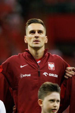 Polonya ve Ukrayna milli takımları arasında PGE Narodowy, Varşova, Polonya 'da oynanan dostça maç sırasında Arkadiusz Milik 