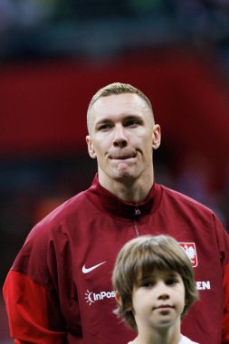 Polonya ve Ukrayna milli takımları arasında PGE Narodowy, Varşova, Polonya 'da oynanan dostça maç sırasında Lukasz Skorupski 