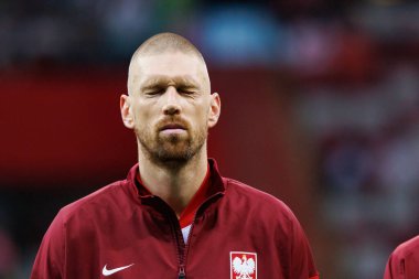 Polonya ve Ukrayna milli takımları arasında PGE Narodowy, Varşova, Polonya 'da oynanan dostça maç sırasında Bartosz Salamon 