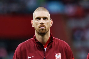 Polonya ve Ukrayna milli takımları arasında PGE Narodowy, Varşova, Polonya 'da oynanan dostça maç sırasında Bartosz Salamon 