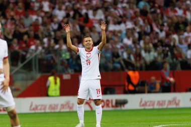 Polonya ve Türkiye milli takımları arasında PGE Narodowy, Varşova, Polonya 'da oynanan dostluk maçı sırasında Przemyslaw Frankowski (Maciej Rogowski)