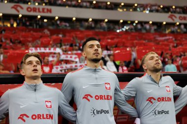 Michal Skoras, Jakub Moder, Tymoteusz Puchacz Polonya ve Türkiye milli takımları arasında oynanan PGE Narodowy, Varşova, Polonya (Maciej Rogowski))
