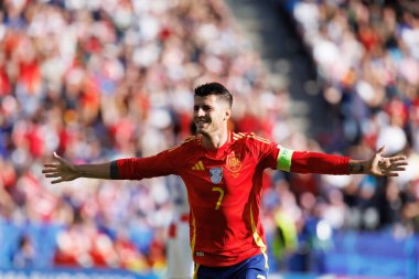 Alvaro Morata, İspanya ve Hırvatistan milli takımları arasında Olympiastadion, Berlin, Almanya 'da oynanan UEFA Euro 2024 maçında attığı golü kutluyor (Maciej Rogowski)
