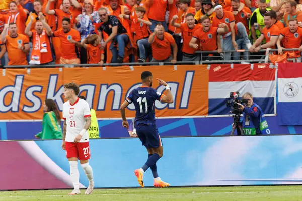 stock image Cody Gakpo celebrates after scoring goal  during UEFA Euro 2024 game between national teams of Poland and Netherlands at Olympiastadion, Berlin, Germany (Maciej Rogowski)