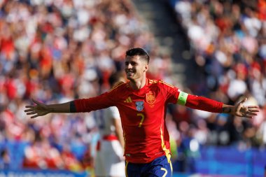 Alvaro Morata, İspanya ve Hırvatistan milli takımları arasında Olympiastadion, Berlin, Almanya 'da oynanan UEFA Euro 2024 maçında attığı golü kutluyor (Maciej Rogowski)