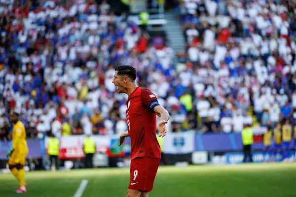 stock image Robert Lewandowski  seen  celebrating after scoring goal during UEFA Euro 2024 game between national teams of France and Poland at Signal Iduna Park, Dortmund, Germany (Maciej Rogowski)