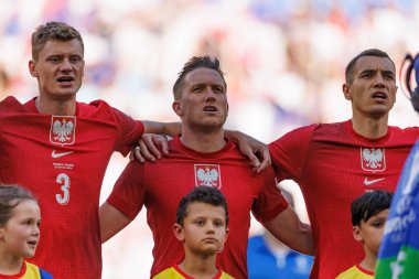 Pawel Dawidowicz, Piotr Zielinski, Jakub Kiwior UEFA Euro 2024 maçında Fransa ve Polonya milli takımları arasında Signal Iduna Park, Dortmund, Almanya 'da görüldü (Maciej Rogowski))