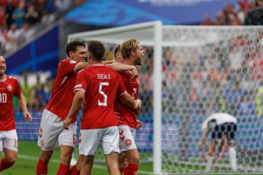 Morten Hjulmand, Almanya 'nın Frankfurt kentinde Danimarka ve İngiltere milli takımları arasında oynanan UEFA Euro 2024 maçında gol attıktan sonra kutlama yaparken görüldü (Maciej Rogowski)