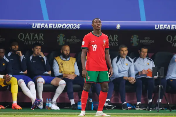 stock image Nuno Mendes  seen during UEFA Euro 2024 game between national teams of Portugal and France at Volksparkstadium, Hamburg, Germany (Maciej Rogowski)