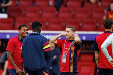 Lamine Yamal, Nico Williams, Fermin Lopez, UEFA Euro 2024 maçında Arnavutluk ve İspanya milli takımları arasında Merkur Spiel-Arena, Almanya 'nın Düsseldorf kentinde görüldü (Maciej Rogowski))