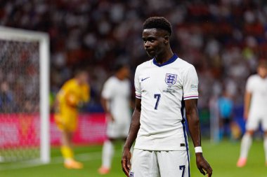 Bukayo Saka, UEFA Euro 2024 final maçında İspanya ve İngiltere milli takımları arasında Olympiastadium, Berlin, Almanya 'da görüldü (Maciej Rogowski))