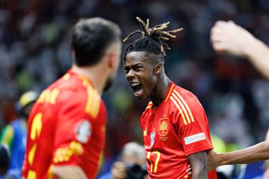 Nico Williams, İspanya ve İngiltere milli takımları arasında Almanya 'nın başkenti Berlin' de oynanan 2024 UEFA Euro 2024 final maçında gol attıktan sonra kutlama yaparken görüldü. (Maciej Rogowski))