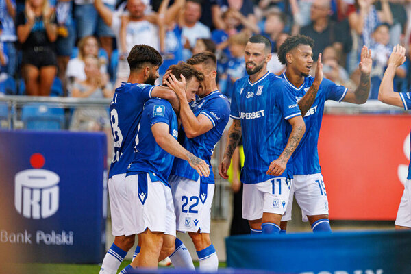 Team of Lech celebrates after goal from Dino Hotic  during PKO BP Ekstraklasa game between teams of  Lech Poznan and Gornik Zabrze at Enea Stadion, Poznan, Poland (Maciej Rogowski)