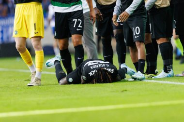 Geovany Quenda, Estadio Municipal de Aveiro 'daki Sporting CP ve FC Porto takımları arasında oynanan Supertaca Candido de Oliveira 2024 maçında attığı golü kutluyor.
