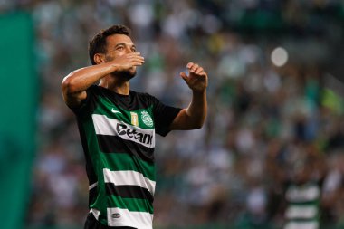 Pedro Goncalves, Estadio Jose Alvalade 'deki (Maciej Rogowski) Sporting CP ve Rio Ave FC takımları arasında oynanan Liga Portekiz maçında gol attıktan sonra kutluyor.)