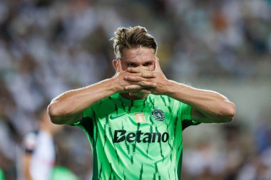 Viktor Gyokeres, Liga Portekiz maçında attığı gol sonrasında Estadio Algarve Maciej Rogowski 'deki SC Farense ve Sporting CP takımları arasında kutlarken görülüyor.)