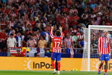 Rodrigo Riquelme, Atletico de Madrid ve Estadio Civitas Metropolitano 'daki RCD Espanyol takımları arasında oynanan LaLiga EA SPORTS maçında gol attıktan sonra kutlama yaparken görülüyor.