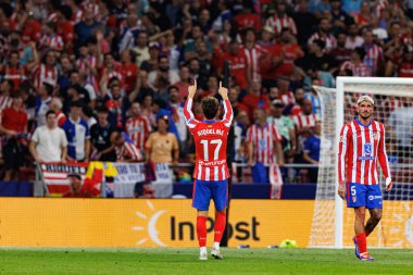 Rodrigo Riquelme, Atletico de Madrid ve Estadio Civitas Metropolitano 'daki RCD Espanyol takımları arasında oynanan LaLiga EA SPORTS maçında gol attıktan sonra kutlama yaparken görülüyor.