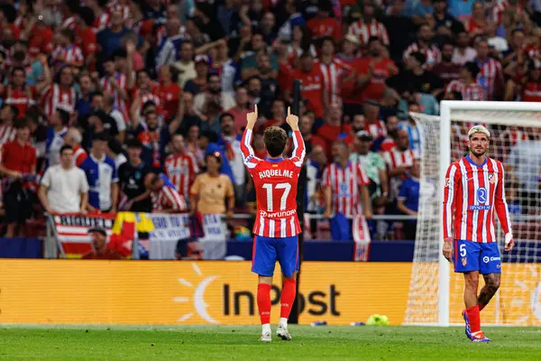 stock image Rodrigo Riquelme seen celebrating after scoring goal during LaLiga EA SPORTS game between teams of Atletico de Madrid and RCD Espanyol at Estadio Civitas Metropolitano