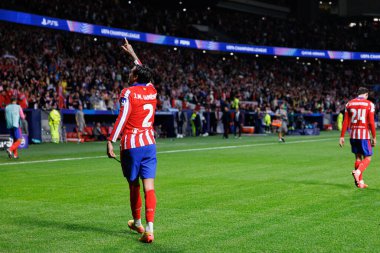 Jose Maria Gimenez, Atletico de Madrid ve Red Bull Leipzig (Maciej Rogowski) takımları arasındaki UEFA Şampiyonlar Ligi maçında gol attıktan sonra kutlama yaparken görüldü.)