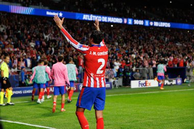 Jose Maria Gimenez, Atletico de Madrid ve Red Bull Leipzig (Maciej Rogowski) takımları arasındaki UEFA Şampiyonlar Ligi maçında gol attıktan sonra kutlama yaparken görüldü.)