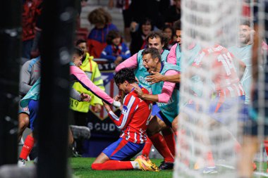 Jose Maria Gimenez, Atletico de Madrid ve Red Bull Leipzig (Maciej Rogowski) takımları arasındaki UEFA Şampiyonlar Ligi maçında gol attıktan sonra kutlama yaparken görüldü.)