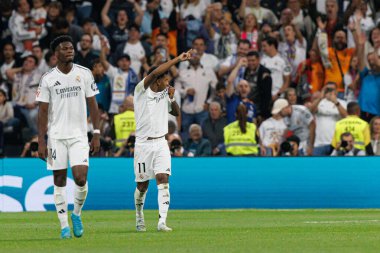 Estadio Santiago Bernabeu 'daki Real Madrid FC ve RCD Espanyol de Barcelona takımları arasında oynanan LaLiga EA SPORTS maçında gol attıktan sonra kutlanan Rodrygo, (Maciej Rogowski))