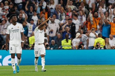 Estadio Santiago Bernabeu 'daki Real Madrid FC ve RCD Espanyol de Barcelona takımları arasında oynanan LaLiga EA SPORTS maçında gol attıktan sonra kutlanan Rodrygo, (Maciej Rogowski))