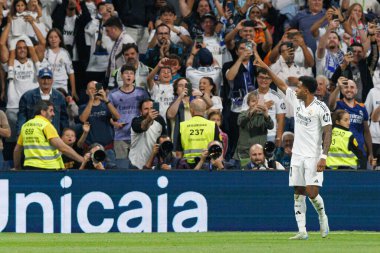 Estadio Santiago Bernabeu 'daki Real Madrid FC ve RCD Espanyol de Barcelona takımları arasında oynanan LaLiga EA SPORTS maçında gol attıktan sonra kutlanan Rodrygo, (Maciej Rogowski))