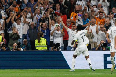 Estadio Santiago Bernabeu 'daki Real Madrid FC ve RCD Espanyol de Barcelona takımları arasında oynanan LaLiga EA SPORTS maçında gol attıktan sonra kutlanan Rodrygo, (Maciej Rogowski))