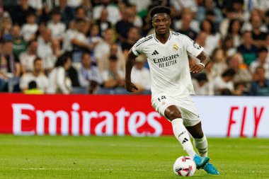 Aurelien Tchouameni, Estadio Santiago Bernabeu 'da Real Madrid FC ve RCD Espanyol de Barcelona takımları arasında oynanan EA SPORTS maçı sırasında görüldü (Maciej Rogowski)