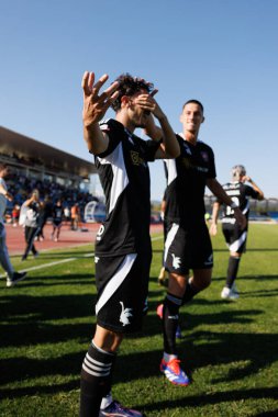 Estadio Municipal Rio Maior 'daki Casa Pia AC ve Moreirense FC takımları arasındaki Liga Portekiz maçında gol attıktan sonra kutlayan Nuno Moreira (Maciej Rogowski))