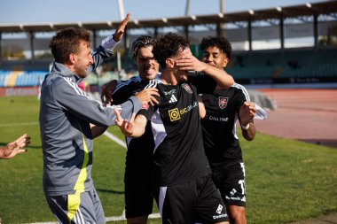 Estadio Municipal Rio Maior 'daki Casa Pia AC ve Moreirense FC takımları arasındaki Liga Portekiz maçında gol attıktan sonra kutlayan Nuno Moreira (Maciej Rogowski))