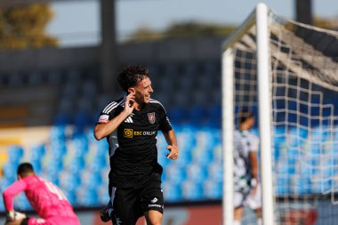 Estadio Municipal Rio Maior 'daki Casa Pia AC ve Moreirense FC takımları arasındaki Liga Portekiz maçında gol attıktan sonra kutlayan Nuno Moreira (Maciej Rogowski))