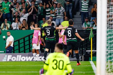 Viktor Gyokeres, UEFA Şampiyonlar Ligi maçında attığı golün ardından, Sporting CP ve LOSC Lille (Maciej Rogowski) 