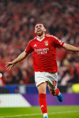 Orkun Kokcu, SL Benfica ve Atletico de Madrid (Maciej Rogowski) takımları arasındaki UEFA Şampiyonlar Ligi maçında gol attıktan sonra kutlama yaparken görüldü.)