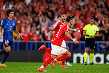 Angel Di Maria, SL Benfica ve Atletico de Madrid (Maciej Rogowski) takımları arasındaki UEFA Şampiyonlar Ligi maçında gol attıktan sonra kutlama yaparken görüldü.)