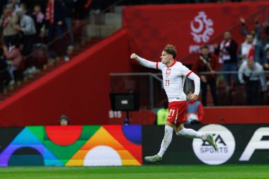 Nicola Zalewski, Polonya ve Hırvatistan milli takımları arasında oynanan UEFA Milletler Ligi maçında attığı golün ardından PGE Narodowy 'de (Maciej Rogowski)