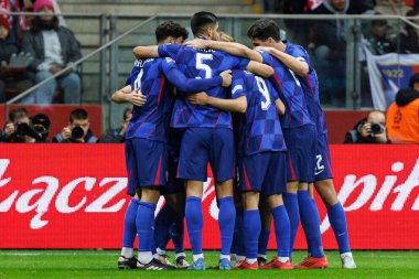 Hırvatistan milli takımı, Polonya ve Hırvatistan milli takımları arasında PGE Narodowy 'de oynanan UEFA Milletler Ligi maçında gol attıktan sonra kutlama yaparken görüldü (Maciej Rogowski)