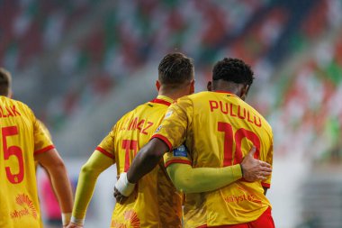 Jesus Imaz, Afimico Pululu, Stadyum Zaglebia Lubin 'de (Maciej Rogowski) Zaglebie Lubin ve Jagiellonia Bialystok takımları arasında oynanan PKO BP Ekstraklasa maçında gol attıktan sonra kutlama yaparken görüldü.)