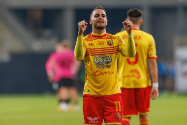 İsa İmaz, Stadyum Zaglebia Lubin 'deki Zaglebie Lubin ve Jagiellonia Bialystok takımları arasında oynanan PKO BP Ekstraklasa maçında gol attıktan sonra kutlama yaparken görüldü (Maciej Rogowski)