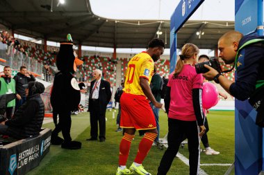 PKO BP Ekstraklasa maçında Afimico Pululu Stadion Zaglebia Lubin 'deki Zaglebie Lubin ve Jagiellonia Bialystok takımları arasında oynadı (Maciej Rogowski)